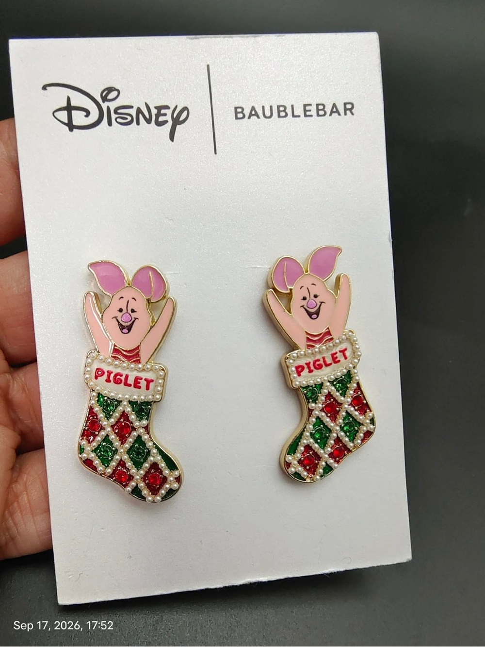 NWOT Baublebar Disney Christmas Pooh's Piglet in Stocking Post Earrings